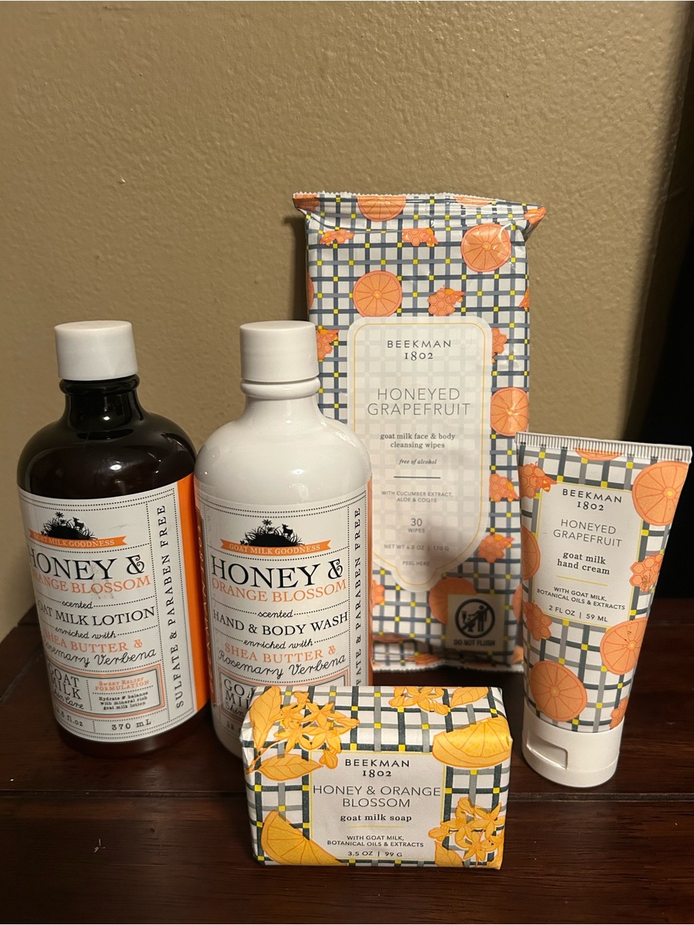 Beekman 1802 Honey Orange & Grapefruit  Goat Milk Wipes Lotion Soap Bundle of 5